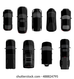 Vector illustration big set, collection black cars top view. Sport car, pickup truck, sedan, small mini car and offroad car