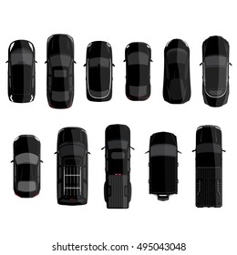 Vector illustration big set, collection black cars top view. Sport car, pickup truck, sedan, small mini car and offroad car