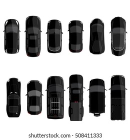 Vector Illustration Big Set, Collection Black Cars Top View. Sport Car, Pickup Truck, Sedan, Small Mini Car And Offroad Car