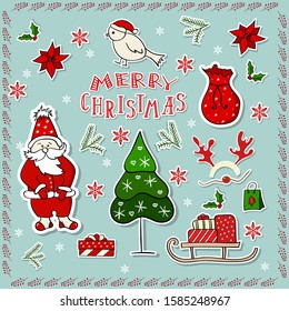 Vector illustration. Big set of color Christmas and winter elements in cartoon style:santa,christmas tree,sled on blue background. New Year design for  card,stickers, coloring book.