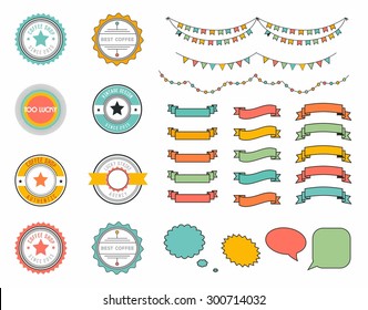 Vector illustration. Big vector set of different shapes, retro ribbons, laurels, labels and speech bubbles in flat style.