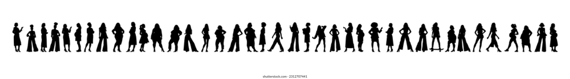 Vector illustration. Big set of female silhouettes. Different woman in various poses. Different physique.
