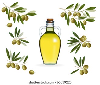 Vector illustration. Big set with green olives with bottle of olive oil.