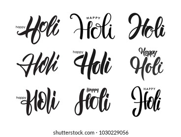 Vector illustration: Big Set of Handwritten brush type lettering of Happy Holi on white background