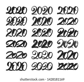 Vector illustration: Big Set of Handwritten lettering of 2020. Happy New Year. Chines calligraphy
