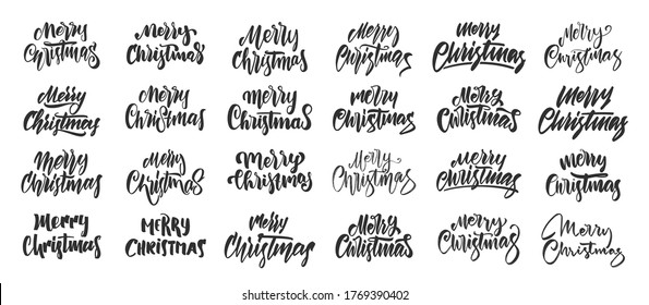 Vector illustration. Big set of Handwritten brush lettering of Merry Christmas on white background.