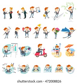 Vector Illustration Big Set Of Office People Male Character: With Boss, At Working Place Desk, On Vacation, With Phone, Graphic , Multitasking, Etc. Flat Style