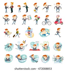 Vector illustration Big set of office people male character: with boss, at working place desk, on vacation, with phone, graphic , multitasking, etc. Flat style