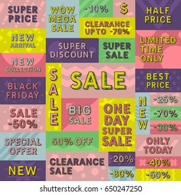 Vector illustration, big set of sale design elements. Hand drawn dimensional font. Sale tags with modern lettering.