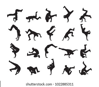 Vector Illustration: Big Set Of Silhouette Of Expressive Break Dance. Young People  Dancing Of Hip Hop On White Background