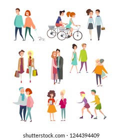 Vector illustration big set of walking and standing people, happy friends, hugging couples, people riding bicycles, walking together or pairs of men and women on date. Colorful characters collection