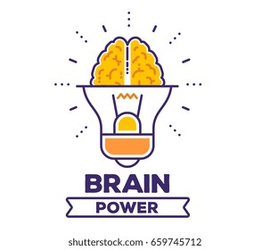 Vector illustration of big shining light bulb with human brain. Brain power concept on white background with title. Thin line art design for web, site, banner, poster, business presentation