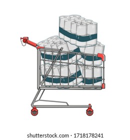 Vector illustration of big shop cart with many pack of toilet paper isolated on white background