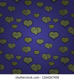 Vector illustration. Big and small hearts with swirls in brown, black and violet colors. Seamless Valentine':s Day with watercolor heart outlines.