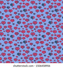 Vector illustration. Big and small hearts with swirls in pink, blue and black colors. Seamless Valentine':s Day with watercolor heart outlines.