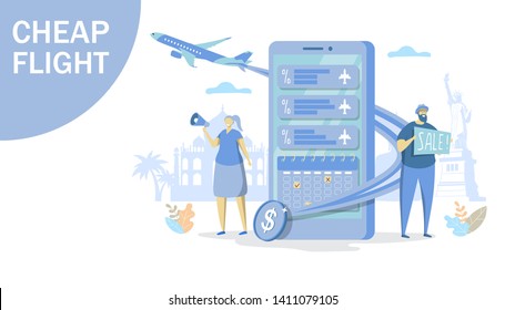 Vector illustration of big smartphone, plane, tiny people woman with megaphone, man with sale sign. Cheap flights business promotion, low cost flights, flight sales concept for web banner website page