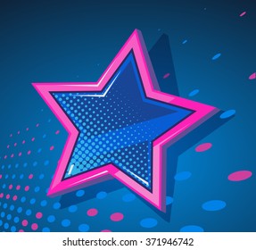 Vector illustration of big star with glowing spots on dark blue  background. Art design for web, site, advertising, banner, poster, flyer, brochure, board, placard, card, paper print.