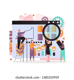 Ilustración vectorial de un gran tablero estratégico y empleados de pequeñas personas que interactúan con gráficos, sosteniendo una lupa. Concepto de estrategia empresarial para el Anuncio de Web, página de Sitio web, etc.