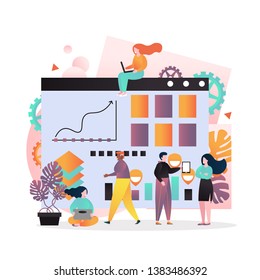 Vector illustration of big strategy dashboard and tiny people employees working toward common goals. Strategic project scheduling, planning and management concepts for web banner, website page etc.