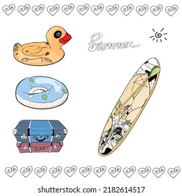 Vector illustration of a big summer set. Inflatable circle, board for swimming, sup, suitcases, journey, sun, inscription summer blank for a designer, icon, journey, elements for a set