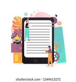 Vector illustration of big tablet with e-book reader and young people reading books using digital devices tablet, laptop personal computer. Electronic books concept for web banner, website page etc.