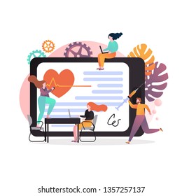 Vector illustration of big tablet and people listening to heart with stethoscope, holding syringe, using laptops. Telemedicine, online diagnosis and treatment concept for web banner, website page etc.