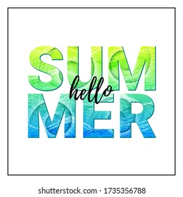 Vector illustration of big text Hello Summer with juicy wavy texture and shadow of tropical leaves. Isolated on white background. Bright poster design.