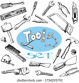 vector illustration. big tools set. freehand drawing.