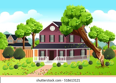 A vector illustration of a Big Tree Falling Into The Roof of a House