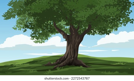 Vector illustration of a big tree in grassland with blue sky background