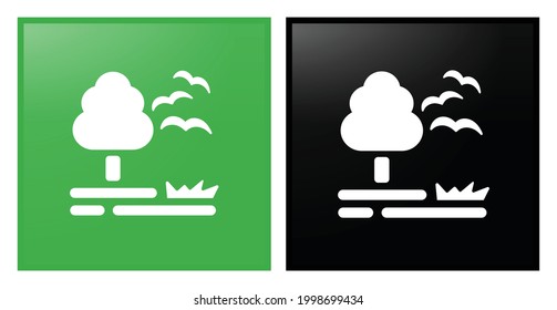 Vector illustration of a big tree in a green garden where birds flying over. Life on Land icon. Sustainable Development concept for Non-Profit Organization to achieve the global goals.