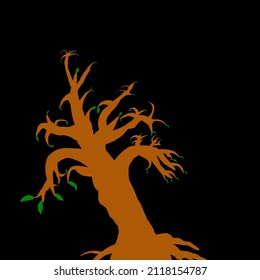 Vector illustration of a big tree and green leaves. Isolated black background