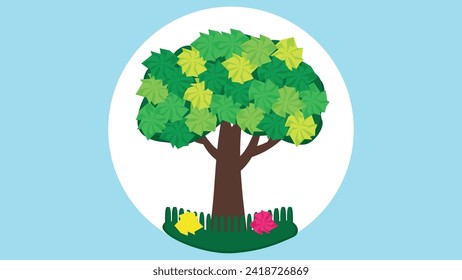 vector illustration of a big tree with green leaves on a blue background