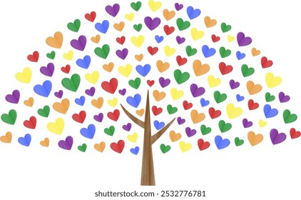 Vector illustration of a big tree with heart-shaped six colors leaves