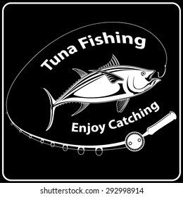 Vector illustration of big tuna fish in waves with fishing rod. Vector illustration can be used for creating logo and emblem for fishing clubs, prints, web and other crafts.