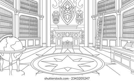Vector illustration, big vintage fantasy library, coloring book.