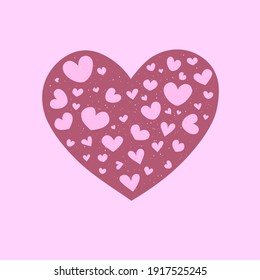 Vector illustration with big violet heart and little hearts inside over pink background. Love concept. Valentines Day. 