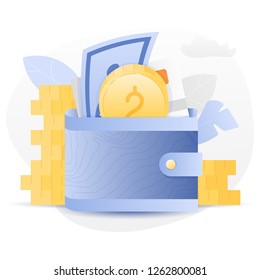 Vector illustration of a big wallet with money and credit card over white background surrounded by light gradiented leaves, cogwheels, paper money and clouds.