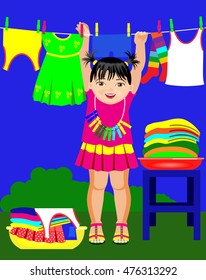 Vector Illustration. Big washing. Little girl takes a clean, dry baby clothes and fold it into a bowl.