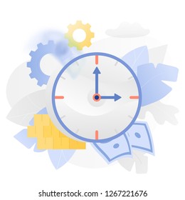 Vector illustration of a big watch over white background surrounded by light gradiented leaves, coins, paper money ang cogwheels.