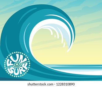 Vector illustration with big wave, blue ocean and surfing logo. Tropical nature and water sport - surfing.