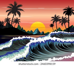 Vector illustration of big waves in the sea.