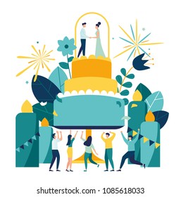 Vector illustration of a big wedding cake with a pair of bride and groom, invitation card, joyful guests, romantic event vector