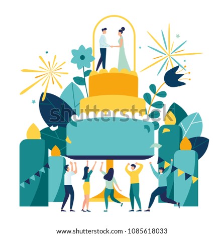 Vector illustration of a big wedding cake with a pair of bride and groom, invitation card, joyful guests, romantic event vector