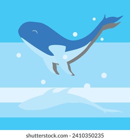 Vector illustration of a big whale in the air over the ocean, minimal graphic design in square artwork, flat color.