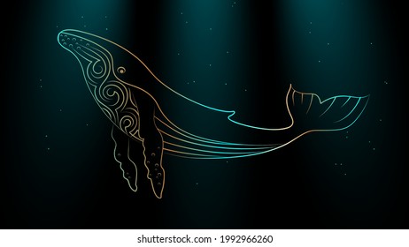 Ilustración vectorial. Gran ballena. El océano oscuro.