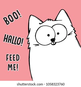 Vector illustration of big white cartoon sketch hand drawn cat  curiously peeking out from image corner, behind the frame with lettering Boo!, Hallo!, Feed me! Hide and seek game