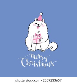 Vector illustration with big white dog with lettering - Merry Christmas. preppy greeting card design in hand drawn style. Christmas gift, comic dog with present box illustration on blue background