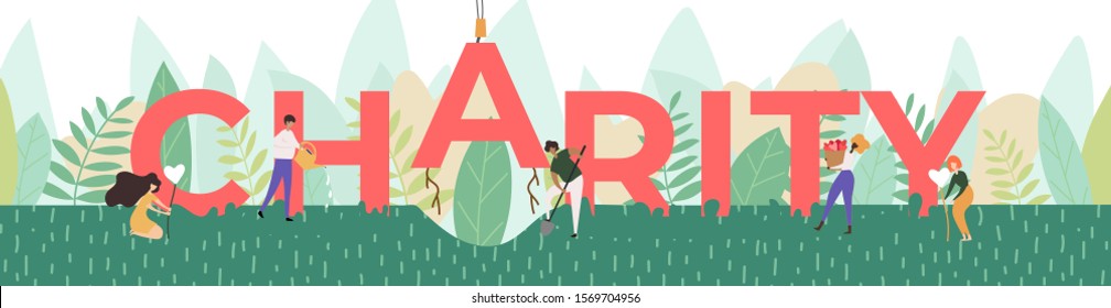 Vector Illustration of big word charity and small people. Five people, two women, and three men are planting word charity. Metaphor for charity and acts of kindness. Horizontal banner for landing page