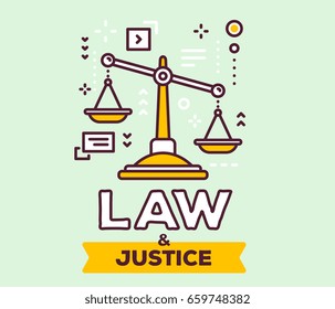 Vector Illustration Of Big Yellow  Justice Scales With Icons. Law And Justice Concept On Green Background With Title. Thin Line Art Design For Web, Site, Banner, Poster, Business Presentation